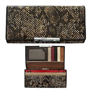 TEMANLI Patent Leather Bifold Wallet Brown Logo Snake Print